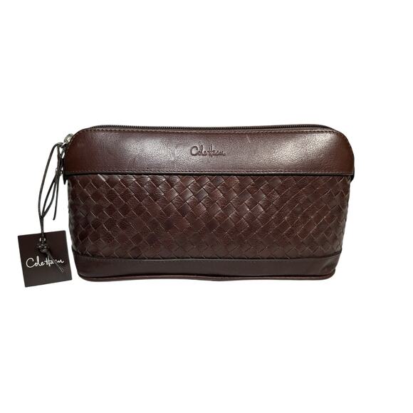 Cole Haan Brown Woven Leather Travel Toiletry Bag Shave Dopp Kit Makeup Case NEW - Picture 1 of 8